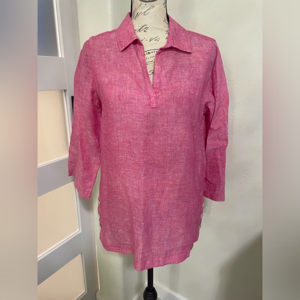 TAHARI Sage Fuchsia Heather 100% Linen Side Buttons 3/4 Sleeve SZ Sma…